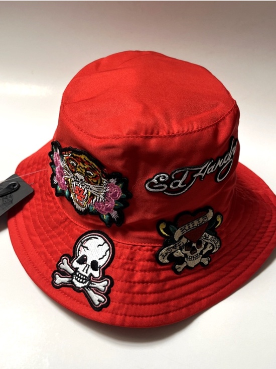 Ed Hardy Bucket Hat Tiger Skull Patch Satin Red Y2K One Size NWT